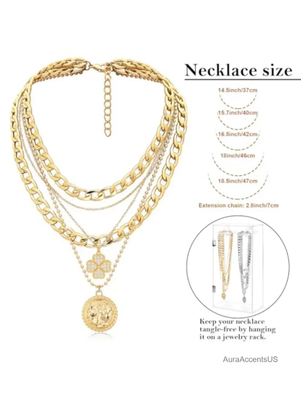 Layered Gold Coin Pendant Necklace Set 5 in 1 Trendy Chunky